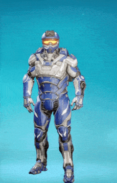 a man in a blue and white armor with a helmet