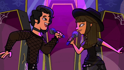 a couple of cartoon characters singing into microphones