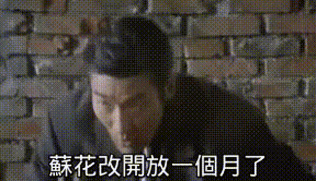 a man in a suit is standing in front of a brick wall with chinese writing on it .