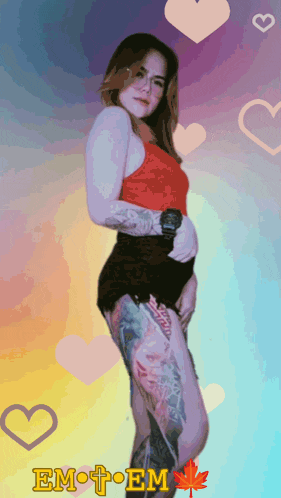 a woman in a red top and black shorts is surrounded by hearts and the words em em