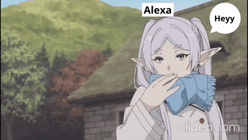 a girl with a scarf around her neck has a speech bubble that says alexa heyy