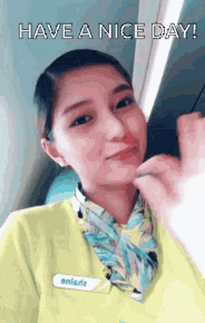 a woman in a yellow jacket and blue scarf is giving a thumbs up and says have a nice day .