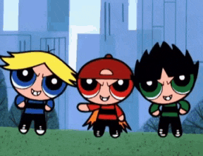 three cartoon characters are standing next to each other in a line