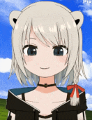 a girl with white hair and blue eyes is wearing a black and white outfit