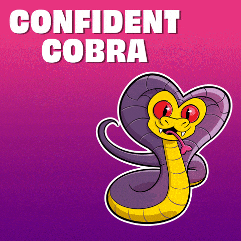 a cartoon snake with red eyes and the words confident cobra behind it