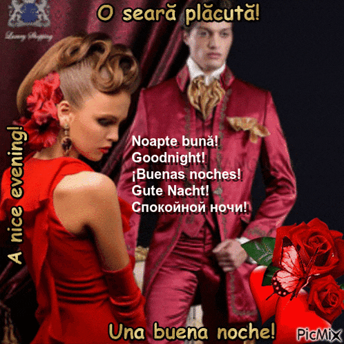 a woman in a red dress is standing next to a man in a red suit and says a nice evening