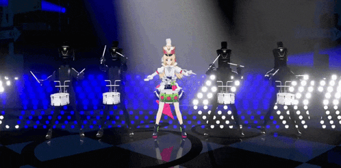 a girl in a top hat is dancing on a stage with drums