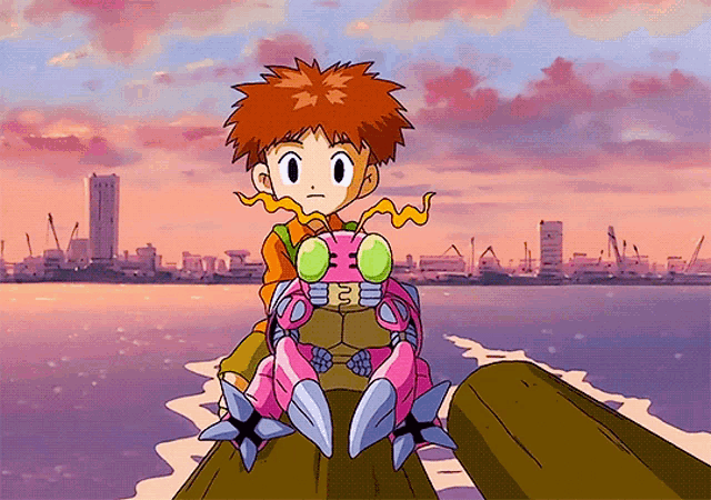 a cartoon of a boy riding on the back of a pink monster with the letter e on it