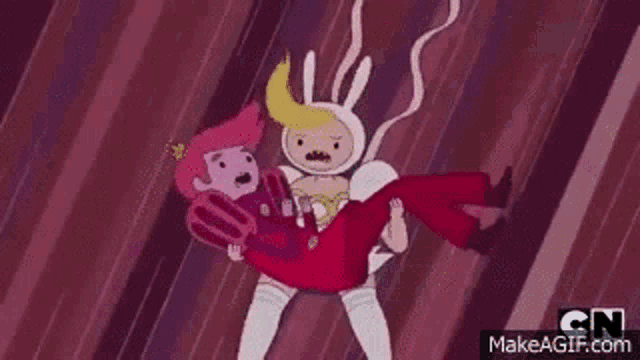 a cartoon character is holding another cartoon character in a room .