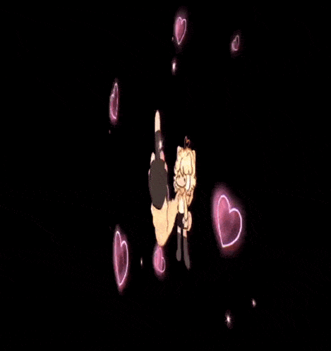 a cartoon character is surrounded by pink hearts and stars .
