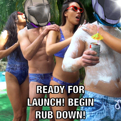 a group of people standing next to each other with the words " ready for launch begin rub down "