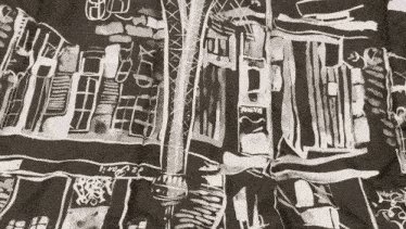 a black and white drawing of a city with the letters x and y
