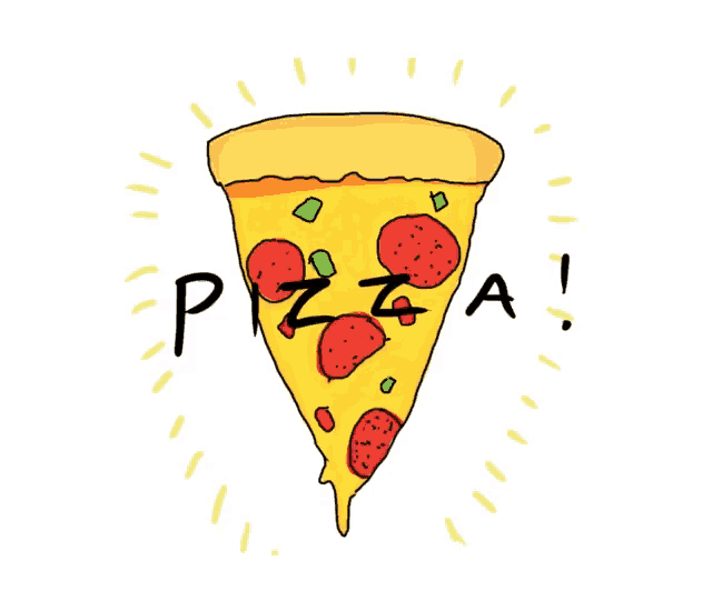 a drawing of a slice of pizza with the word pizza written in black
