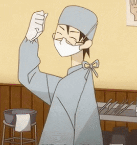 a cartoon illustration of a surgeon wearing a mask and gloves