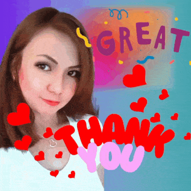 a woman is surrounded by red hearts and the word great