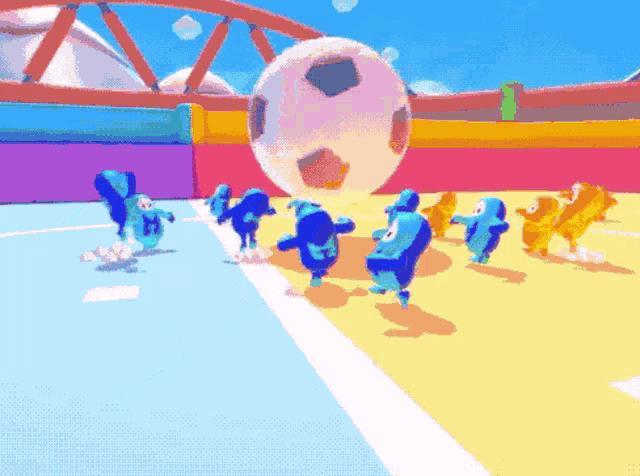 a group of cartoon characters playing a game with a soccer ball in the middle