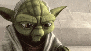 a close up of a green cartoon character with a serious look on his face