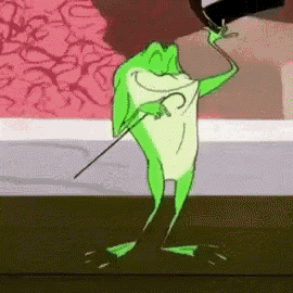 a frog is dancing with a cane and holding a bottle .