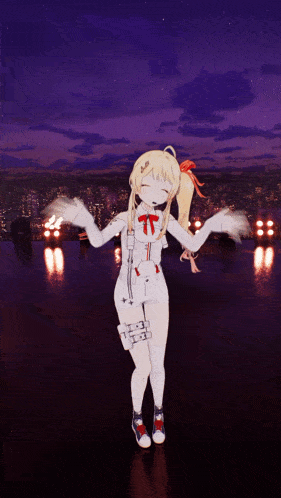 a girl in a white outfit is dancing in front of a city at night