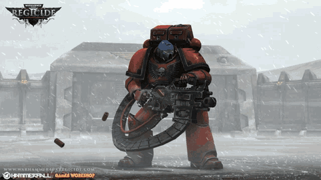 a painting of a space marine with the word regicide on the bottom