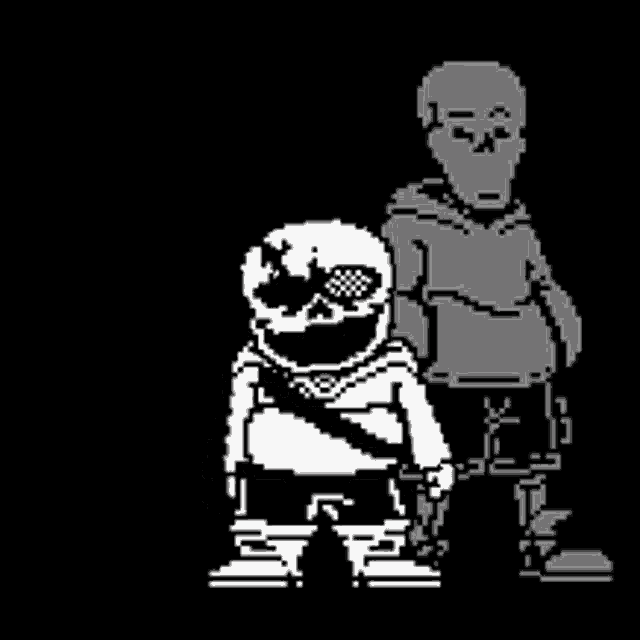 a pixel art of a skeleton standing next to a skeleton in a hoodie .