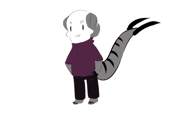 a cartoon character with a long tail is wearing a purple shirt and pants