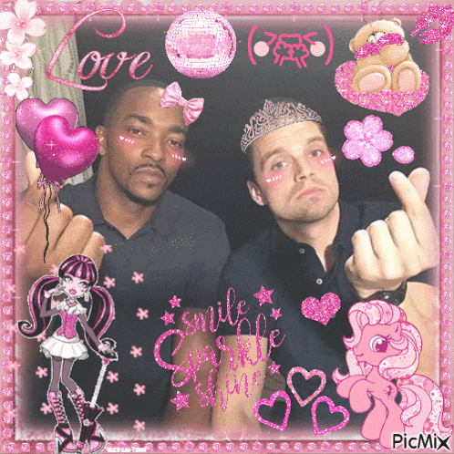 a picture of a man and a woman with a pink frame that says picmix on the bottom