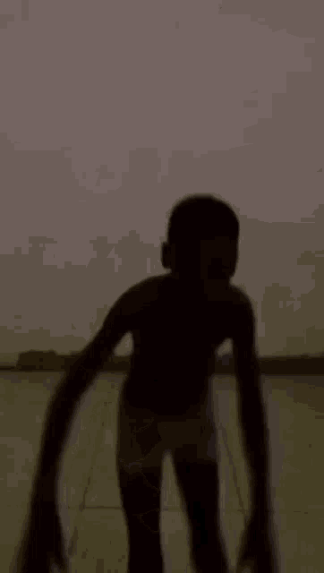 a silhouette of a boy with long arms standing in the dark .