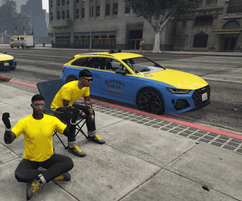 two men in yellow shirts are kneeling in front of a downtown cab co taxi