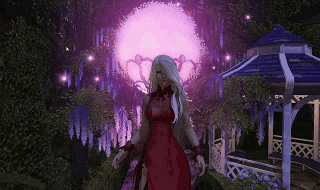 a woman in a red dress stands in front of a purple light