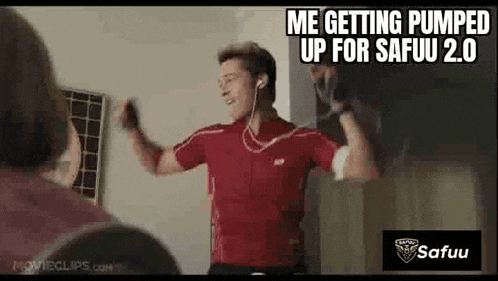 a man in a red shirt is pumping up his muscles with the caption " me getting pumped up for safuu 2.0 "