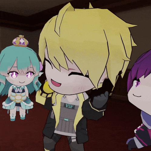 a cartoon character with yellow hair and a shirt that says vsf