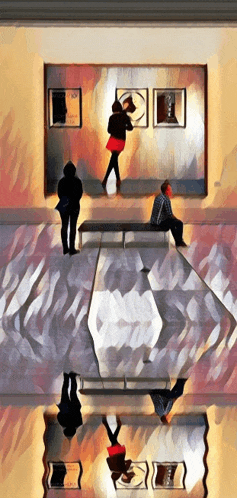a man sits on a bench in front of a painting of a woman in a red skirt