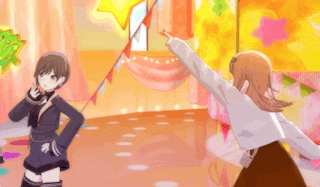 two anime girls are dancing on a stage in a room