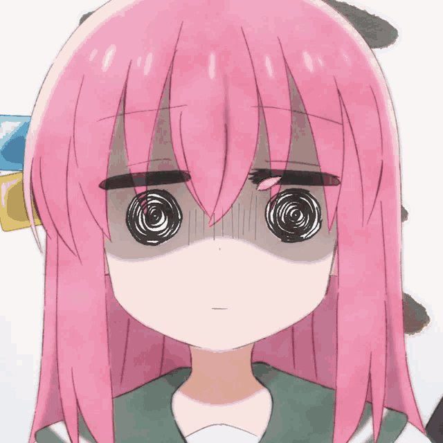 a drawing of a girl with pink hair has a swirl in her eyes