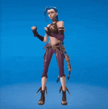 a woman with blue hair is standing with her arms outstretched