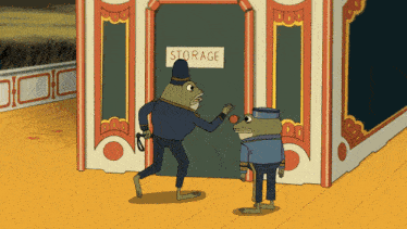 two cartoon characters are standing in front of a storage door