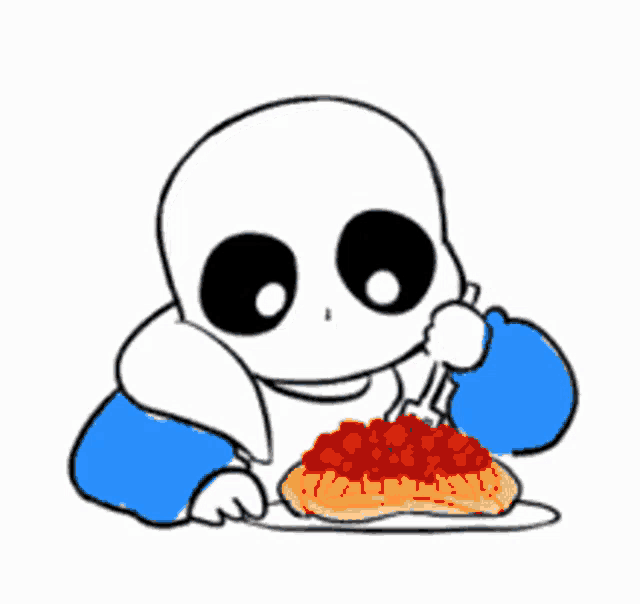 a cartoon drawing of a skeleton eating spaghetti with a fork