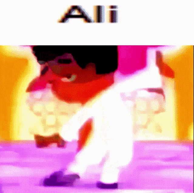 a cartoon character is dancing in front of a sign that says all
