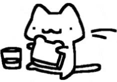 a black and white drawing of a cat eating a sandwich next to a cup .