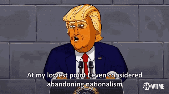 a cartoon of donald trump giving a speech at a podium