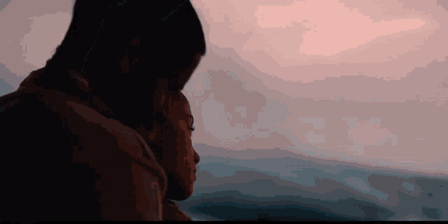 a man and a woman are hugging each other while looking at the ocean at sunset .