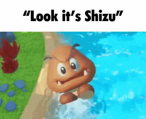 a cartoon character is jumping into a pool with the words " look it 's shizu " above it