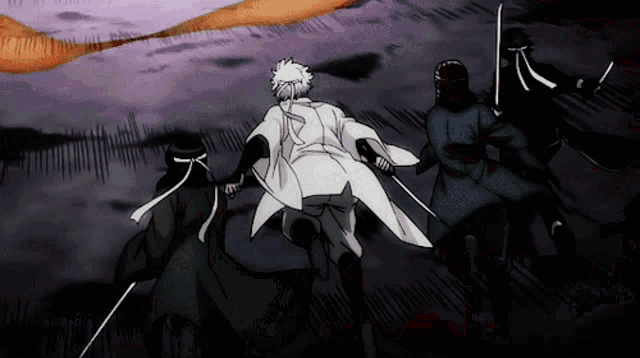 a group of people holding swords in a dark room