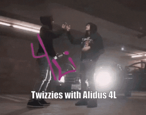 two men are standing next to each other in a parking garage with the words twizzies with alidus 4l written on the bottom