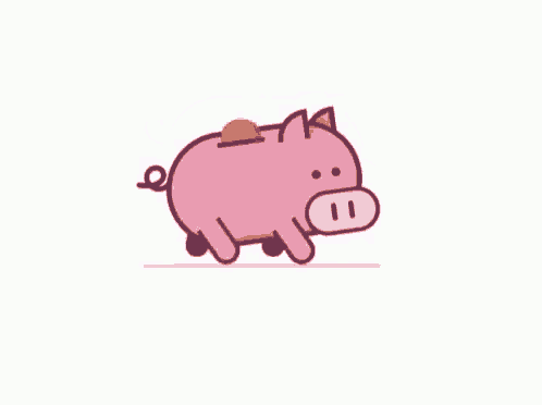 a pink piggy bank with a coin in it is walking on a white background .