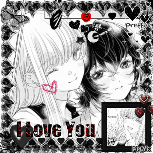 a black and white photo of two anime girls with the words i love you written in red