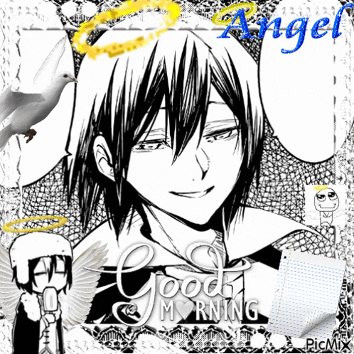 a black and white drawing of an angel with the words good morning written below it