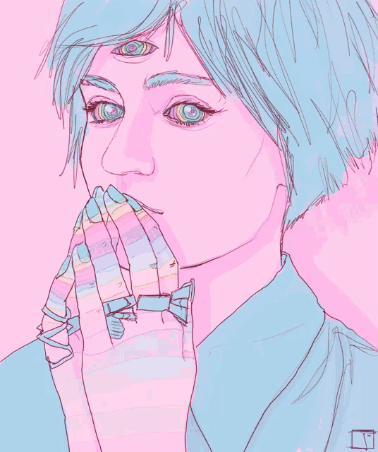 a drawing of a woman with three eyes and a rainbow scarf around her neck
