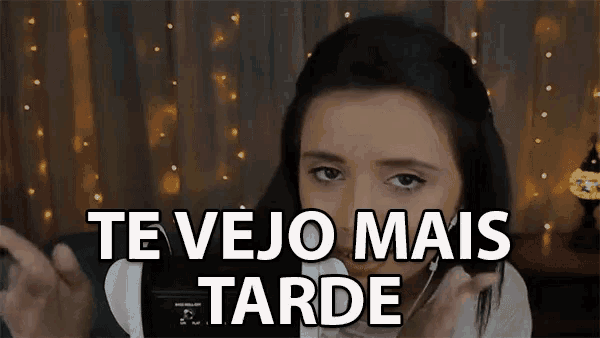 a woman is talking on a cell phone and the words te vejo mais tarde are above her